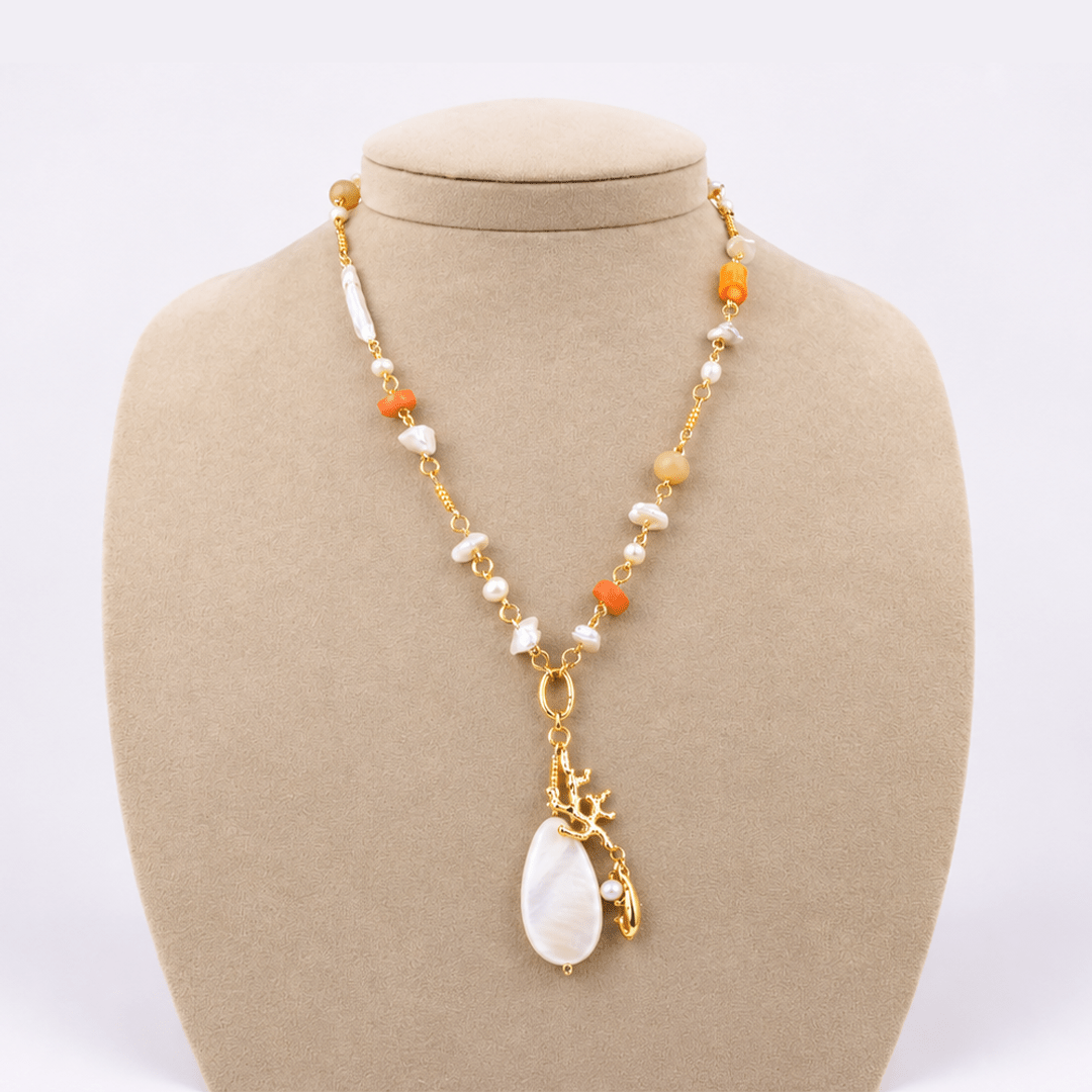 Coral & Pearl Pendant Necklace - Modern Mexico