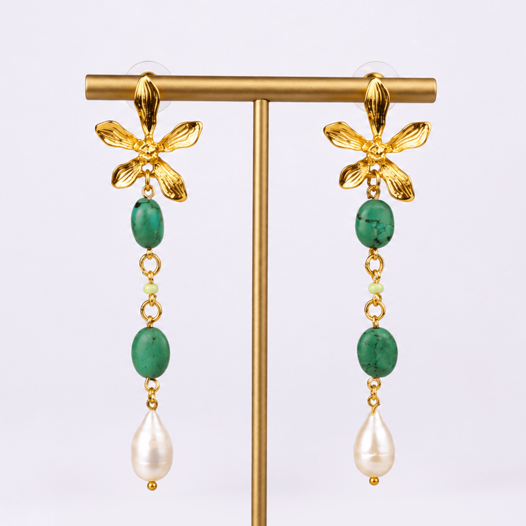 Turquoise & Pearl Flower Earrings - Modern Mexico